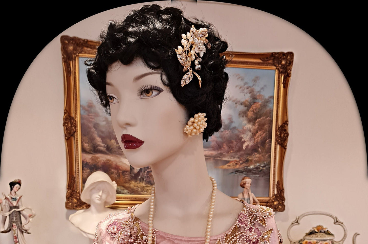 Beautiful 1920s 1930s romantic headband ethereal floral bridal gold with rhinestones and antique pearls floral pin hand made headpiece