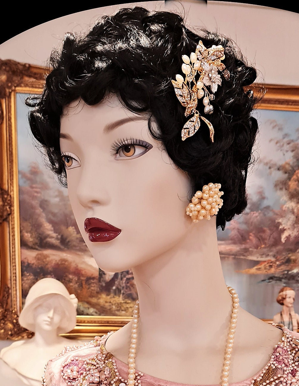 Beautiful 1920s 1930s romantic headband ethereal floral bridal gold with rhinestones and antique pearls floral pin hand made headpiece