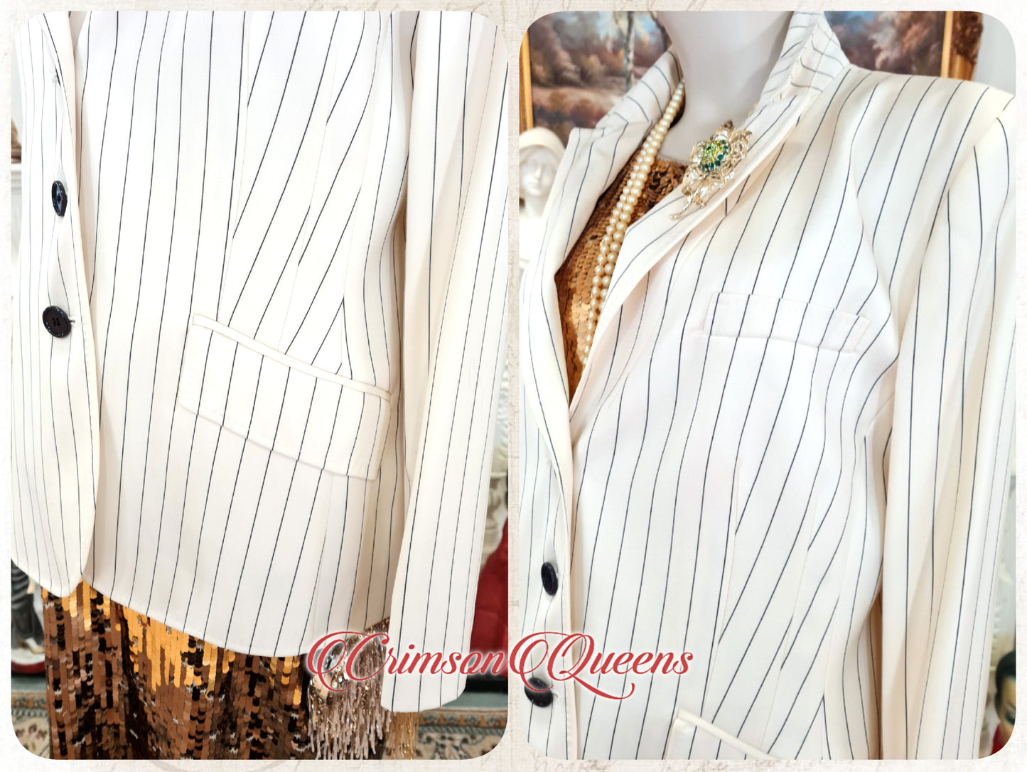 Vintage high quality jacket black and white Bonnie Clyde cream striped rowing boating blazer stripy monochrome jacket coat size UK 14 US 10
