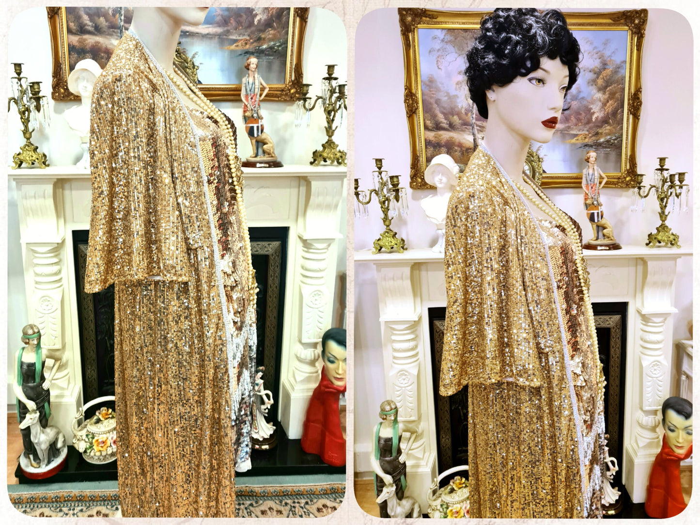 1920s vintage Downton Abbey flapper sequinned mesh gold sparkly bohemian coat kimono duster dress size S UK 8 10 US 4 6