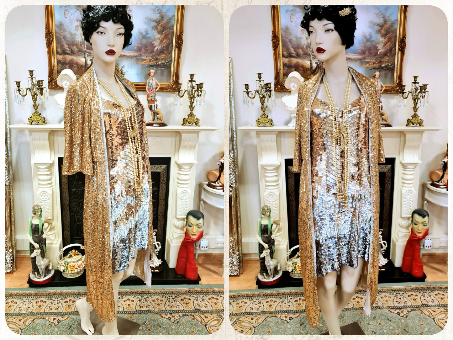 1920s vintage Downton Abbey flapper sequinned mesh gold sparkly bohemian coat kimono duster dress size S UK 8 10 US 4 6