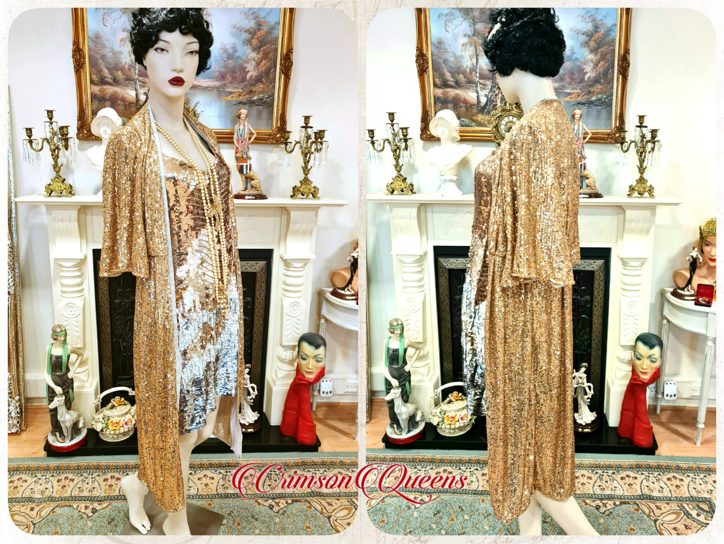 1920s vintage Downton Abbey flapper sequinned mesh gold sparkly bohemian coat kimono duster dress size S UK 8 10 US 4 6