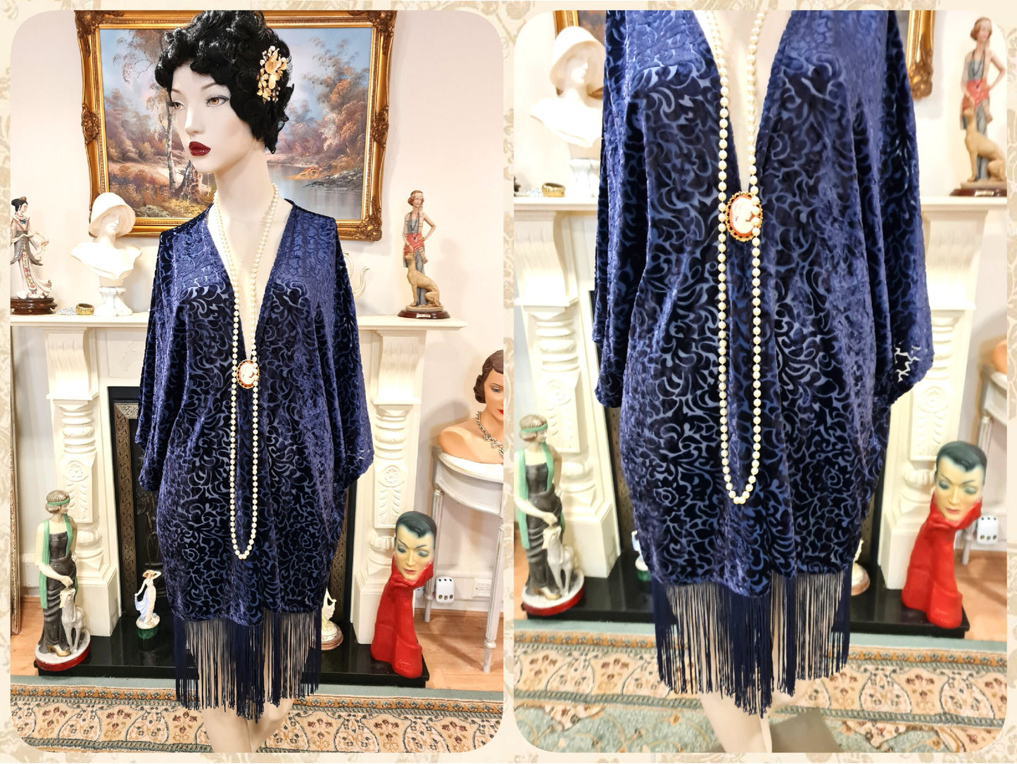 vintage navy blue oriental damask silk-devore velvet duster Art Deco 1920s flapper kimono fringe tassels 1920s blazer UK 10 12 US 6 8 10