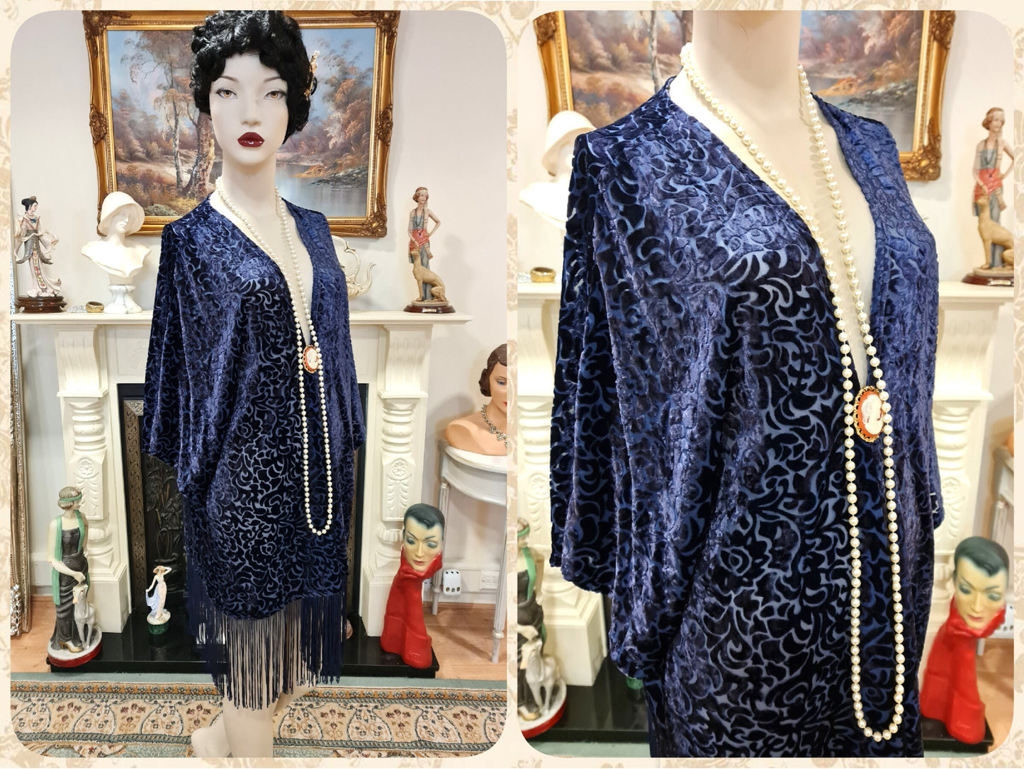 vintage navy blue oriental damask silk-devore velvet duster Art Deco 1920s flapper kimono fringe tassels 1920s blazer UK 10 12 US 6 8 10