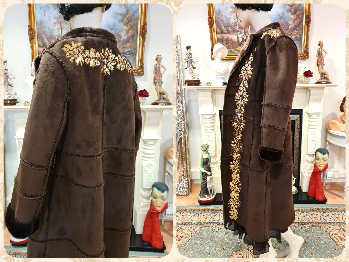Vintage Luxurious Penny Lane thick faux fur bohemian hippie gypsy sequinned embellished 1980s faux long lamb winter coat UK 12 14 16 US 8 10