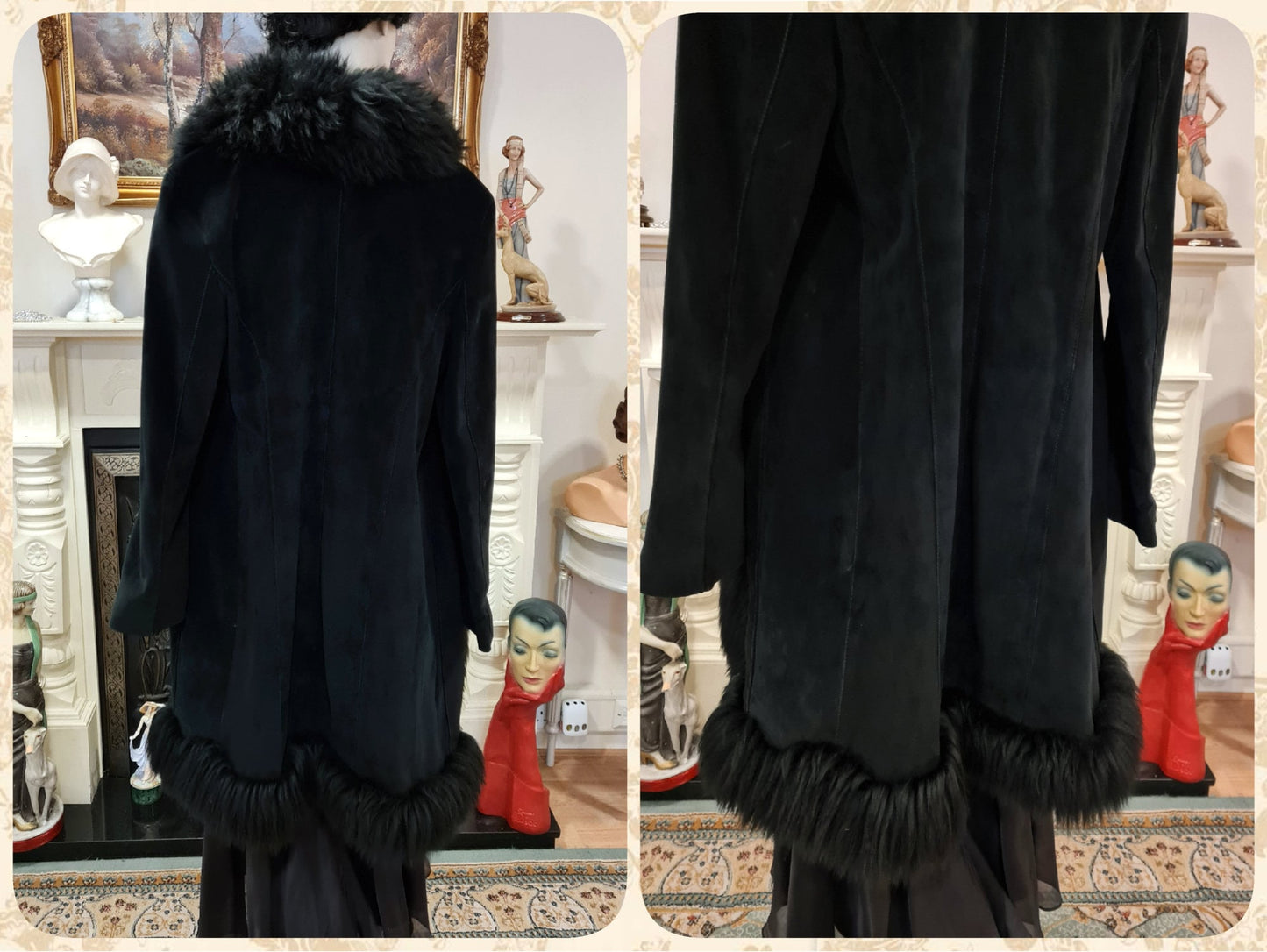 Vintage Penny Lane 1970s Beautiful thick embroidered Long Lamb Mongolian fur hippy bohemian gypsy winter blacksuede coat UK 8 US 4 Small