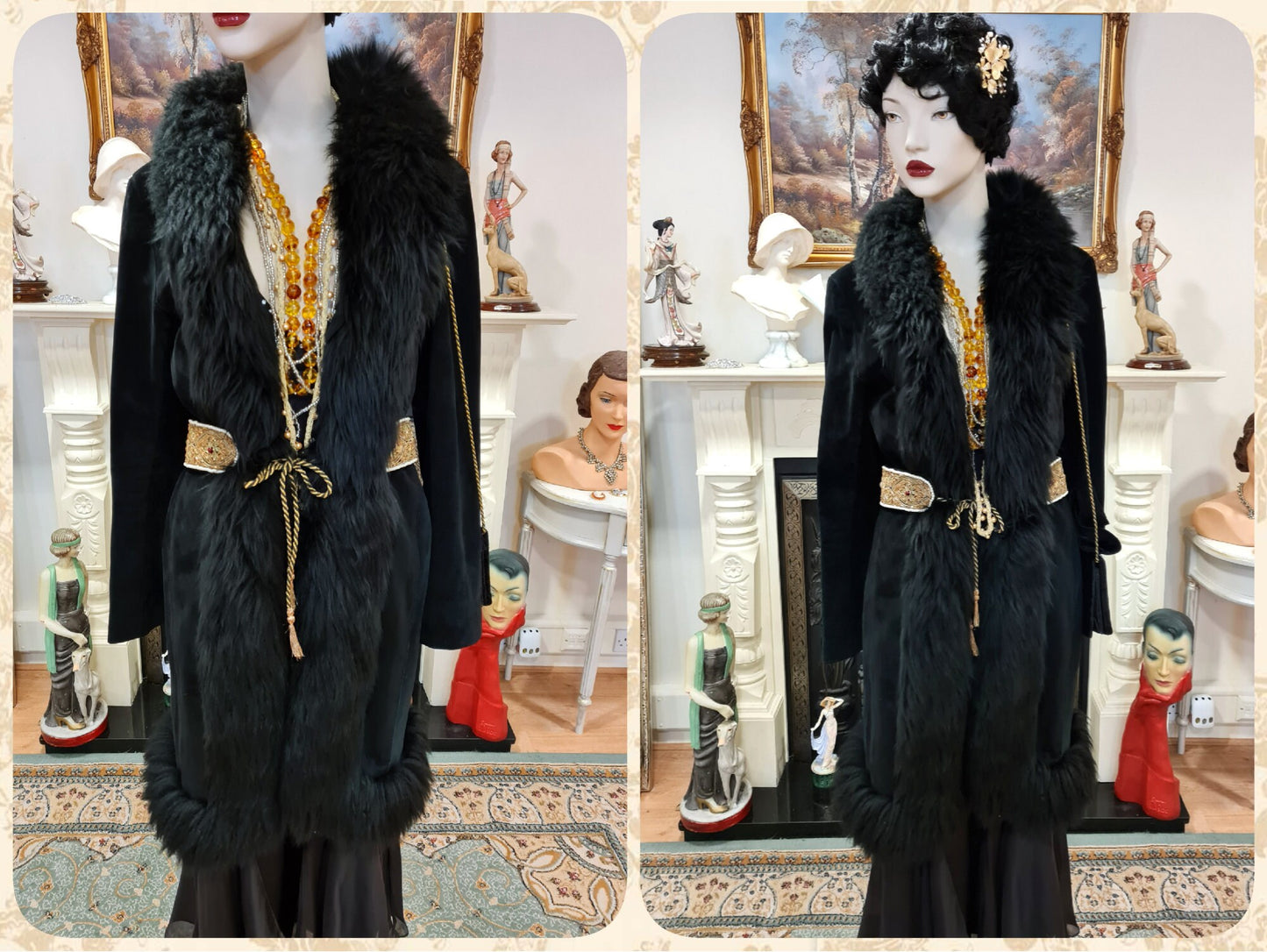 Vintage Penny Lane 1970s Beautiful thick embroidered Long Lamb Mongolian fur hippy bohemian gypsy winter blacksuede coat UK 8 US 4 Small