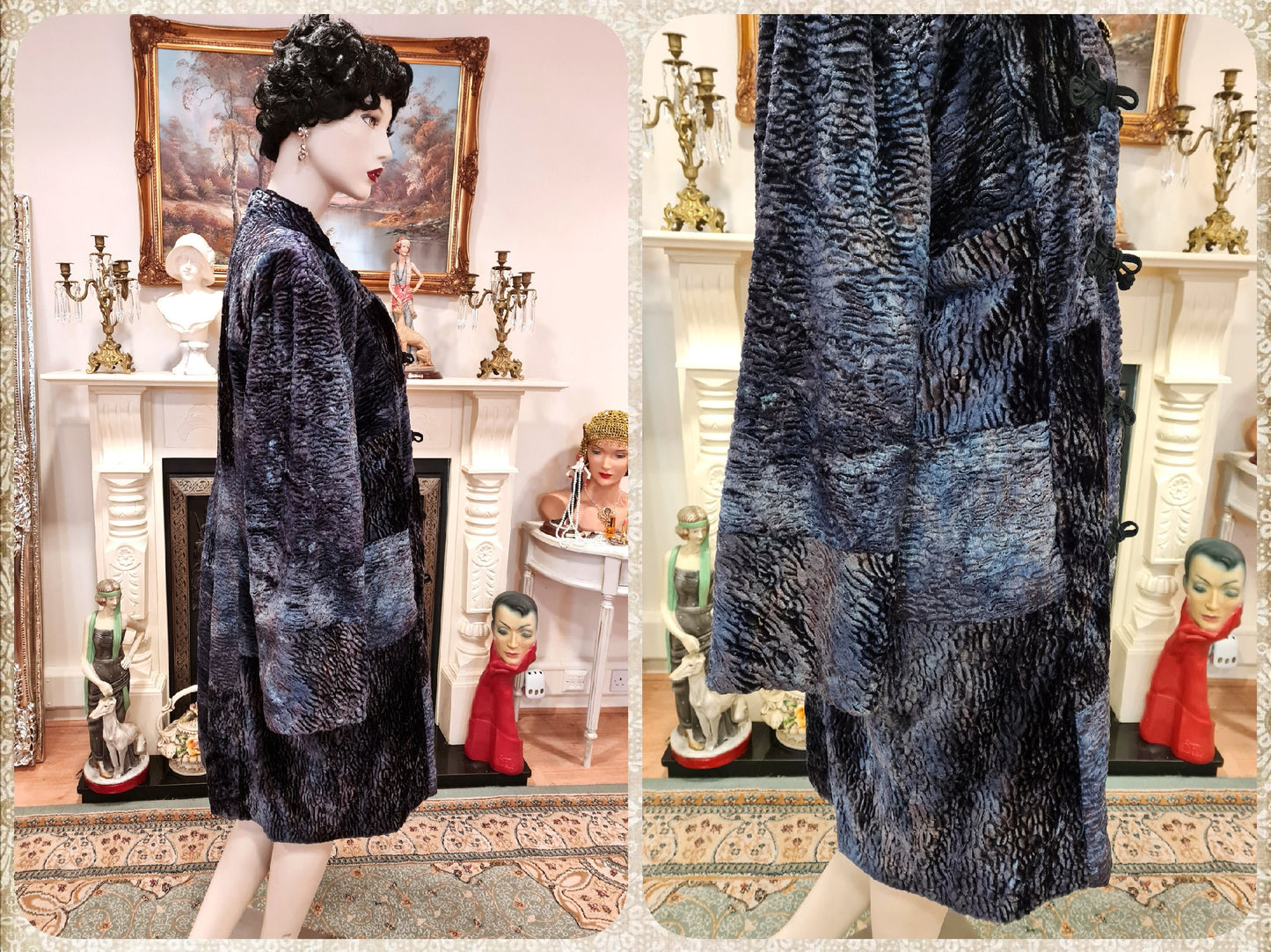 Vintage luxurious Art Deco soft peacock blue mesmerizing velvet opera avant garde Fur 1920s flapper coat jacket embroidered UK 10 12 US 6 8