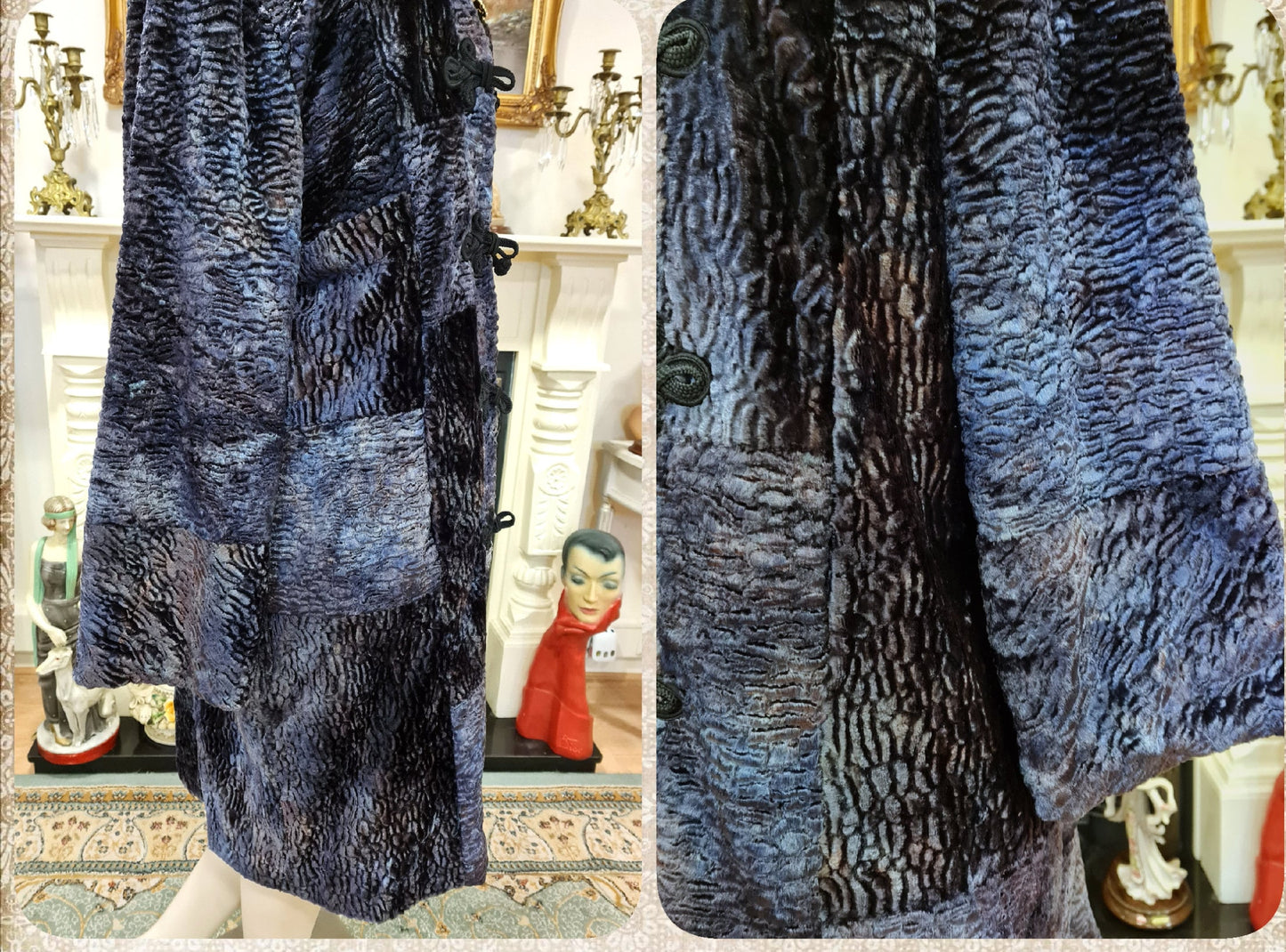 Vintage luxurious Art Deco soft peacock blue mesmerizing velvet opera avant garde Fur 1920s flapper coat jacket embroidered UK 10 12 US 6 8