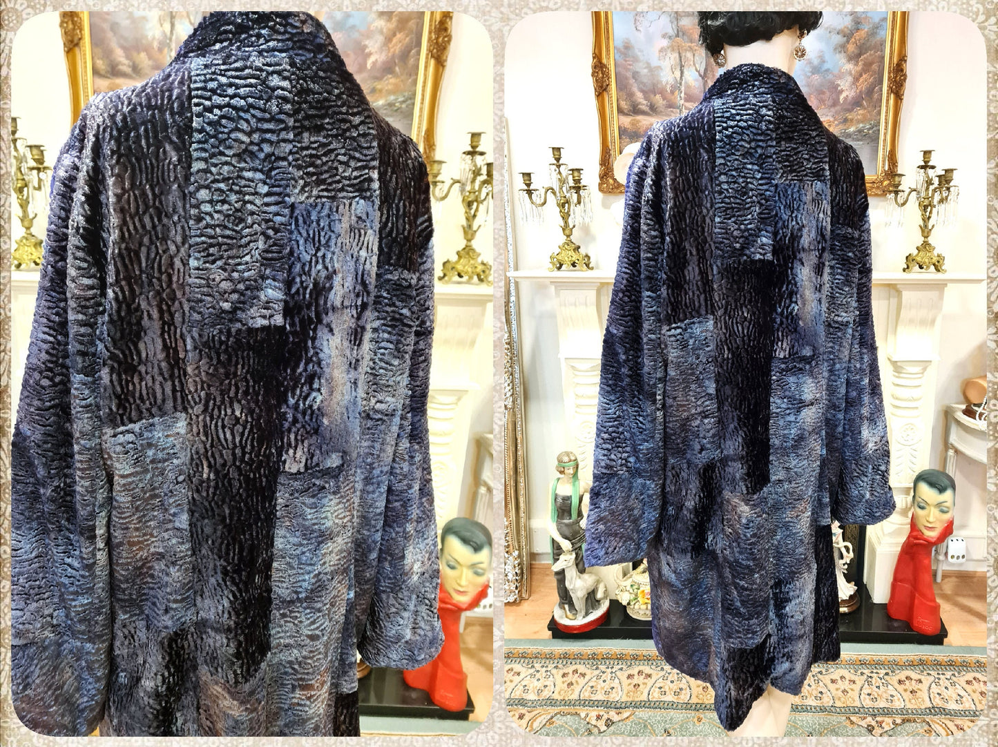Vintage luxurious Art Deco soft peacock blue mesmerizing velvet opera avant garde Fur 1920s flapper coat jacket embroidered UK 10 12 US 6 8