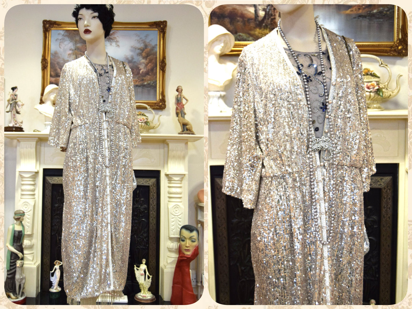 1920s vintage Downton Abbey flapper sequinned mesh silver sparkly bohemian coat kimono duster dress size S UK 8 10 US 4 6