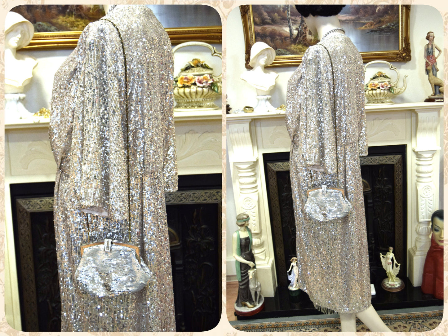 1920s vintage Downton Abbey flapper sequinned mesh silver sparkly bohemian coat kimono duster dress size S UK 8 10 US 4 6
