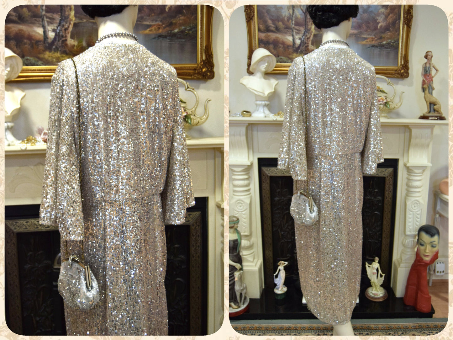1920s vintage Downton Abbey flapper sequinned mesh silver sparkly bohemian coat kimono duster dress size S UK 8 10 US 4 6