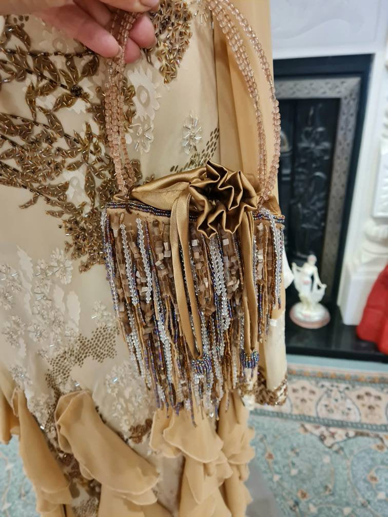 1920s tasseled bag flapper beaded wedding bag vintage beaded bag gold beaded sequinned bag Art Deco evening bag purse