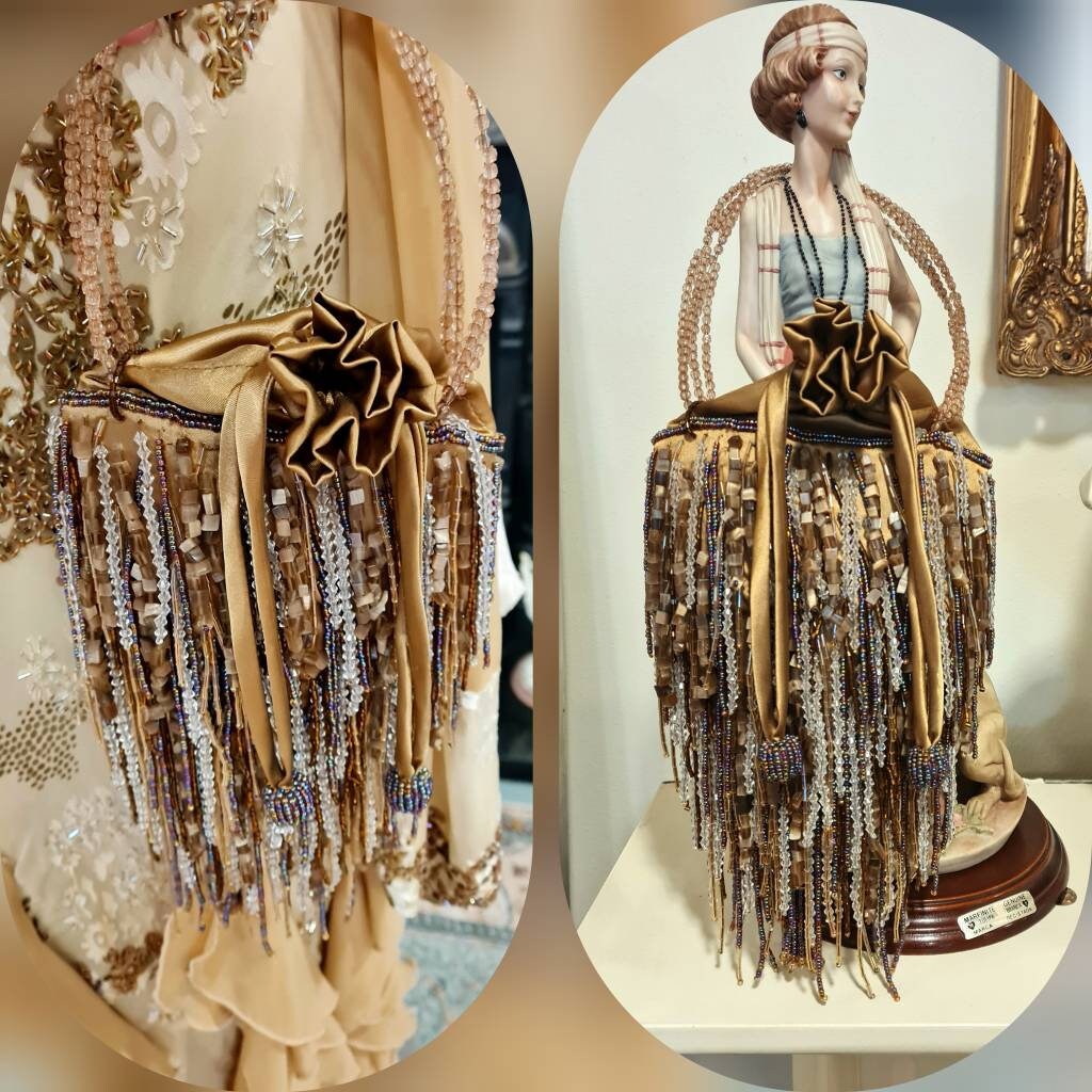 1920s tasseled bag flapper beaded wedding bag vintage beaded bag gold beaded sequinned bag Art Deco evening bag purse