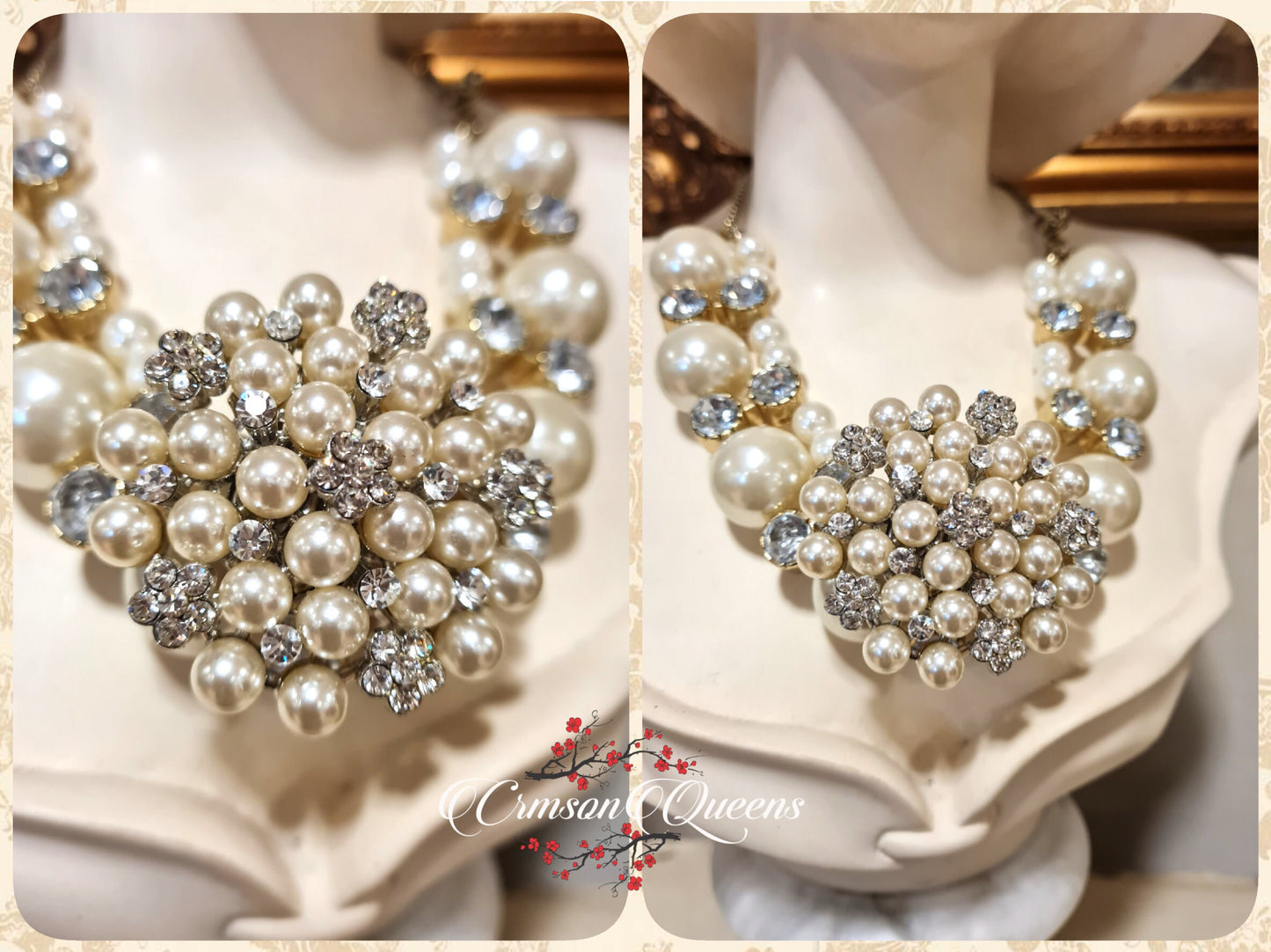 1980ss statement huge adjustable ring with rhinestones and simulated pearls round flake winter snow queen massive ring Art Deco