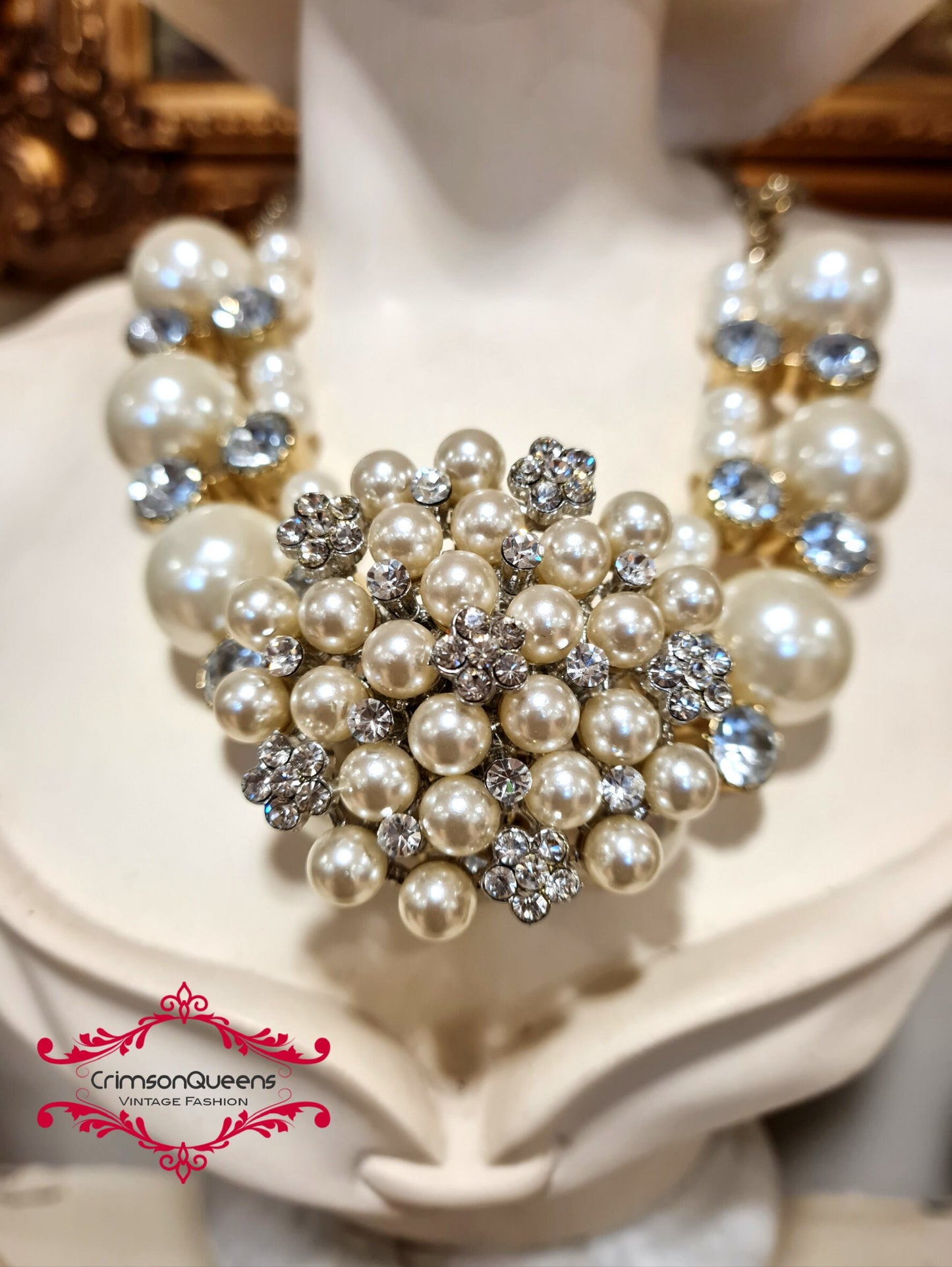 1980ss statement huge adjustable ring with rhinestones and simulated pearls round flake winter snow queen massive ring Art Deco