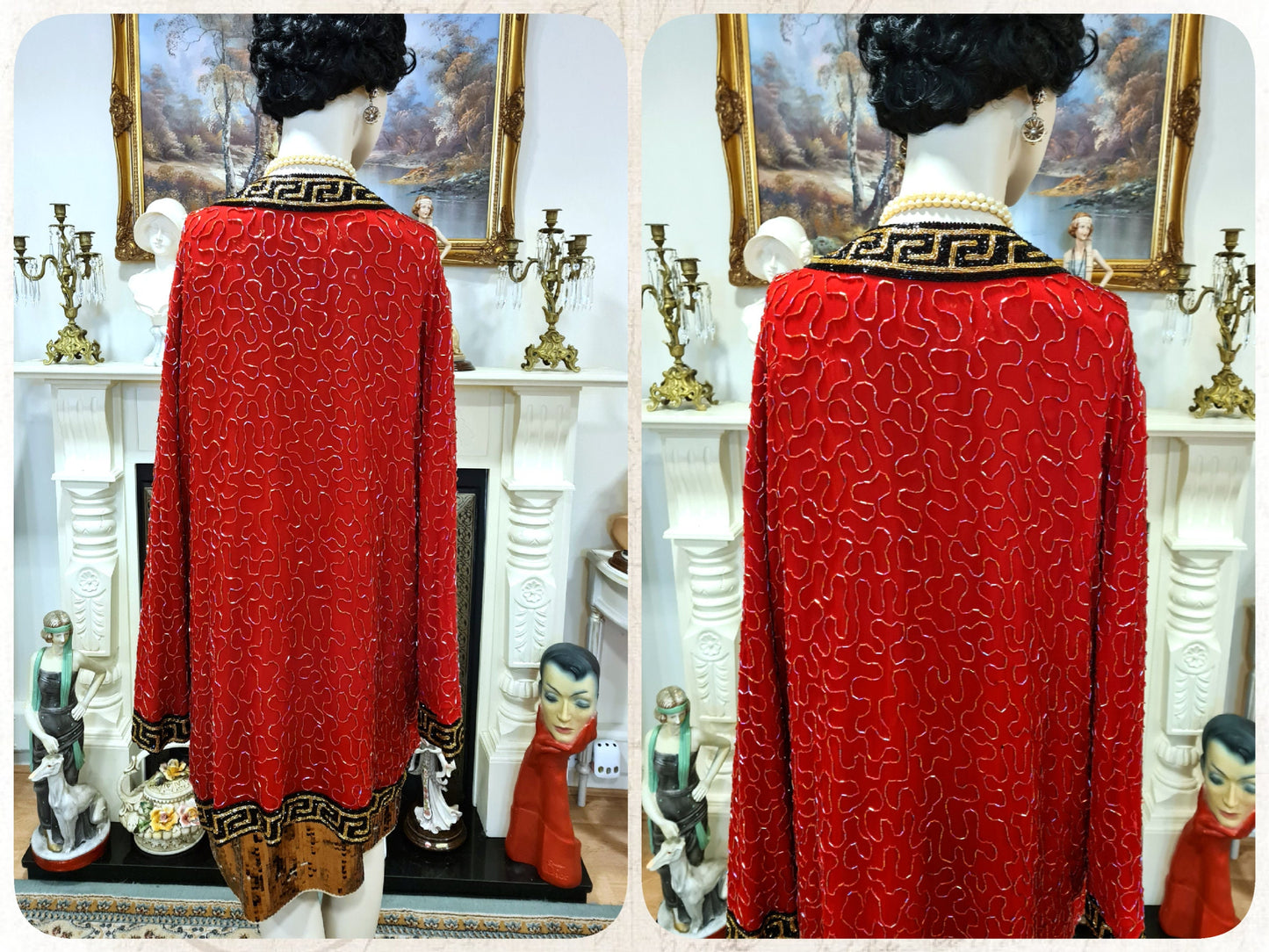 Vintage 100% silk Red Art Deco Avant Garde 1920's flapper Charleston coat Long Jacket Kimono Duster Wrap size UK 14 16US 10 12
