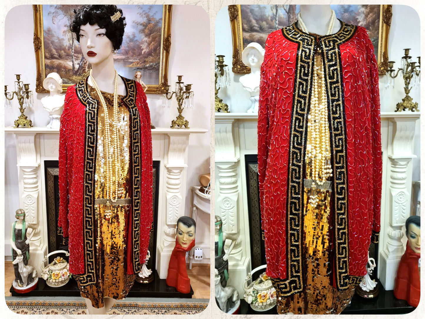 Vintage 100% silk Red Art Deco Avant Garde 1920's flapper Charleston coat Long Jacket Kimono Duster Wrap size UK 14 16US 10 12