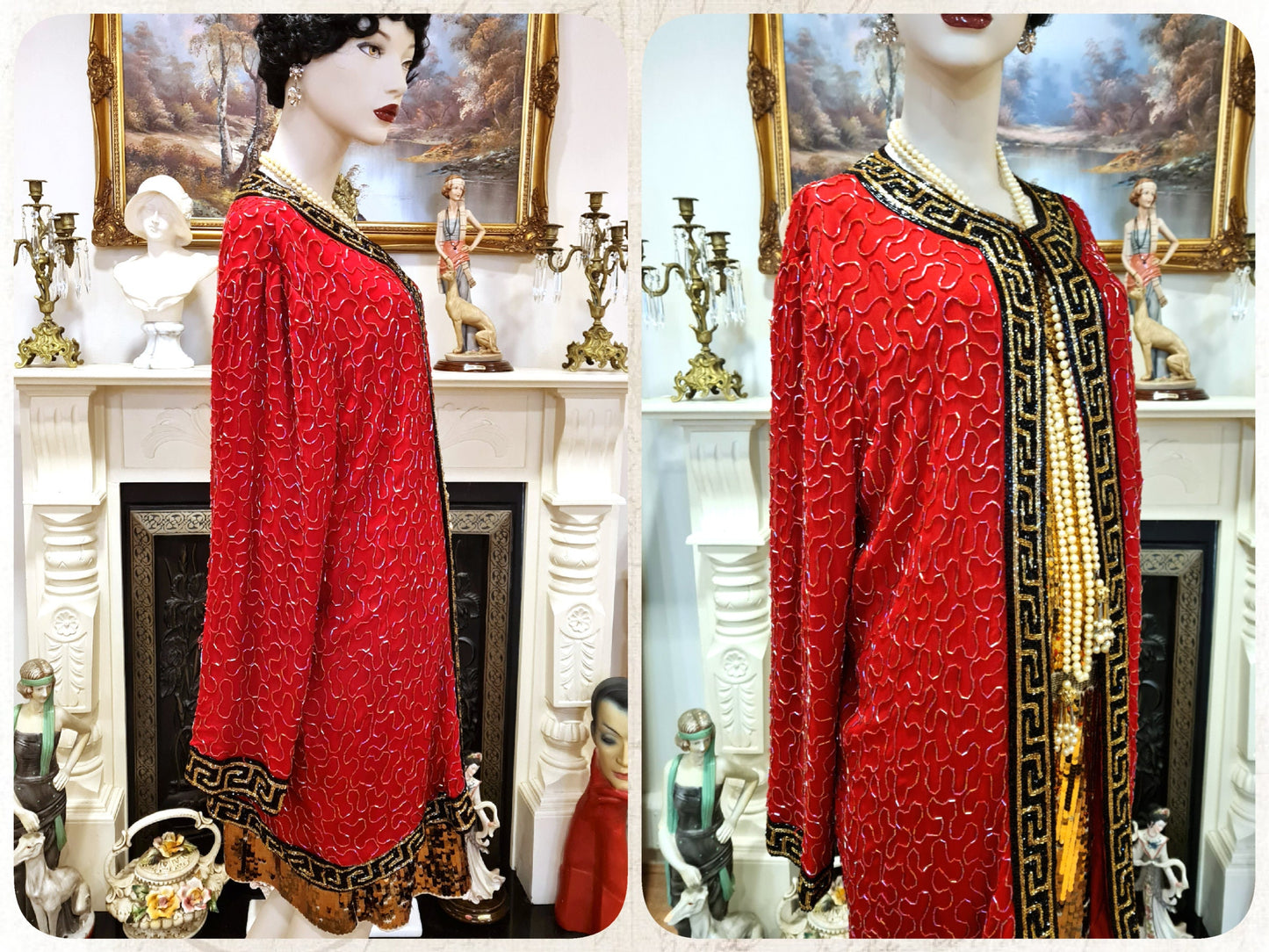 Vintage 100% silk Red Art Deco Avant Garde 1920's flapper Charleston coat Long Jacket Kimono Duster Wrap size UK 14 16US 10 12
