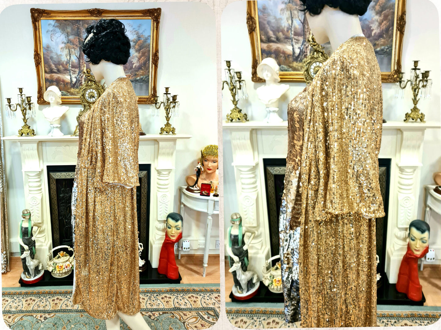 1920s vintage Downton Abbey flapper sequinned mesh gold sparkly bohemian coat kimono duster dress size S UK 8 10 US 4 6