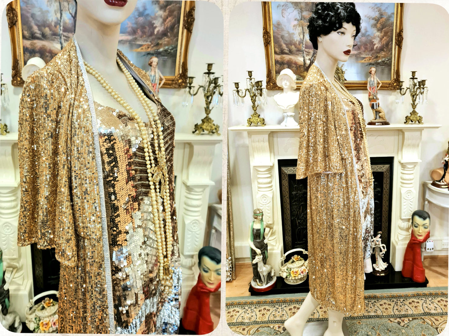 1920s vintage Downton Abbey flapper sequinned mesh gold sparkly bohemian coat kimono duster dress size S UK 8 10 US 4 6
