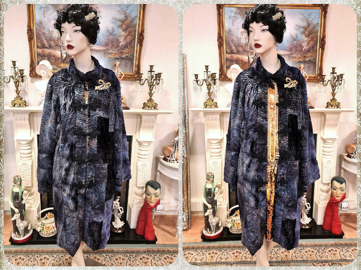 Vintage luxurious Art Deco soft peacock blue mesmerizing velvet opera avant garde Fur 1920s flapper coat jacket embroidered UK 10 12 US 6 8