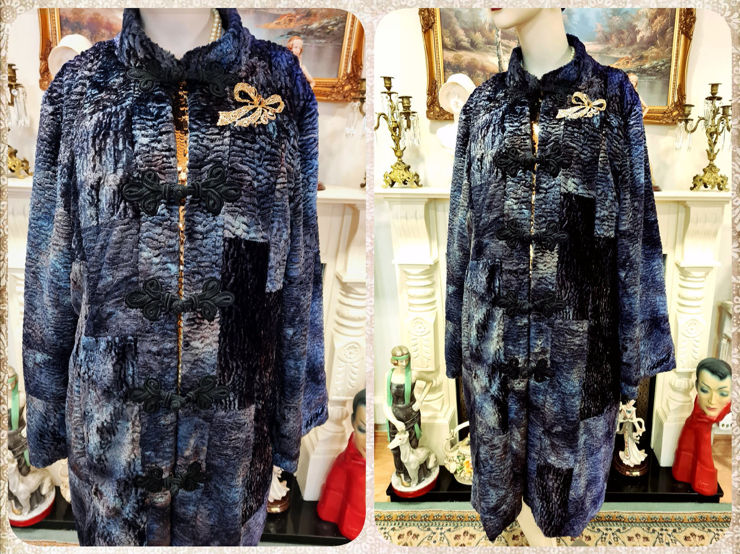 Vintage luxurious Art Deco soft peacock blue mesmerizing velvet opera avant garde Fur 1920s flapper coat jacket embroidered UK 10 12 US 6 8