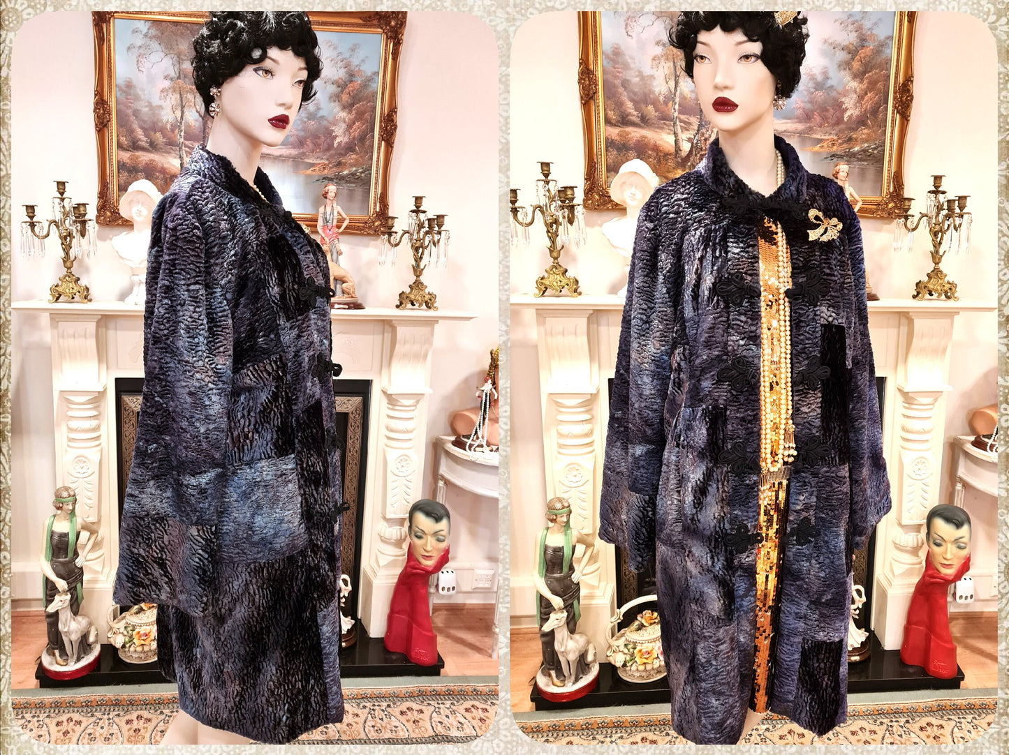 Vintage luxurious Art Deco soft peacock blue mesmerizing velvet opera avant garde Fur 1920s flapper coat jacket embroidered UK 10 12 US 6 8