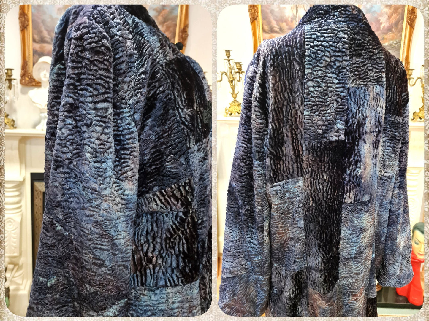 Vintage luxurious Art Deco soft peacock blue mesmerizing velvet opera avant garde Fur 1920s flapper coat jacket embroidered UK 10 12 US 6 8