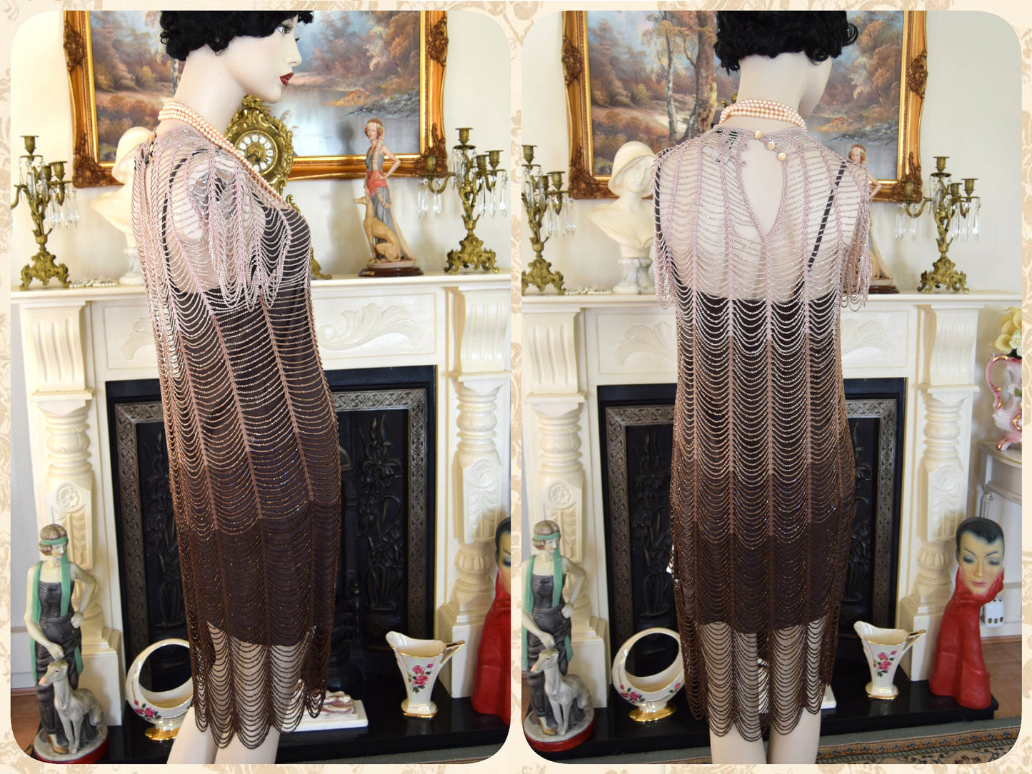 Flapper dress 1920s dress Great Gatsby dress Art Deco dress Vintage Heavily Beaded crocheted Gold Coper Ombre Dress Size UK 10 US 6 10