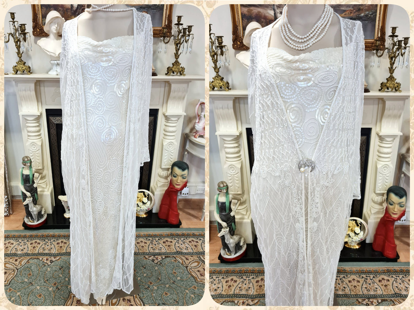 Art Deco vintage 1920s bride off-white wedding bridal dress beaded flapper 100% silk Great Gatsby charleston jazz size UK 8 10 US 4 6