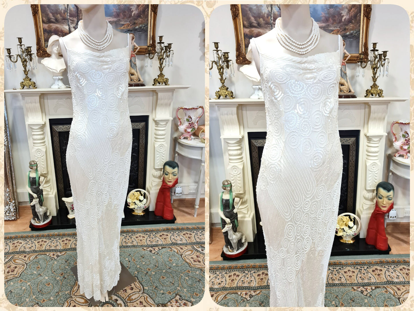 Art Deco vintage 1920s bride off-white wedding bridal dress beaded flapper 100% silk Great Gatsby charleston jazz size UK 8 10 US 4 6