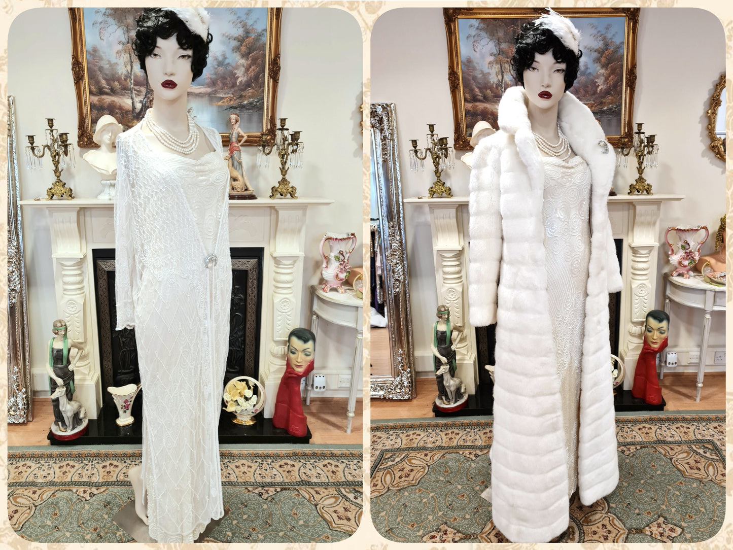 Art Deco vintage 1920s bride off-white wedding bridal dress beaded flapper 100% silk Great Gatsby charleston jazz size UK 8 10 US 4 6