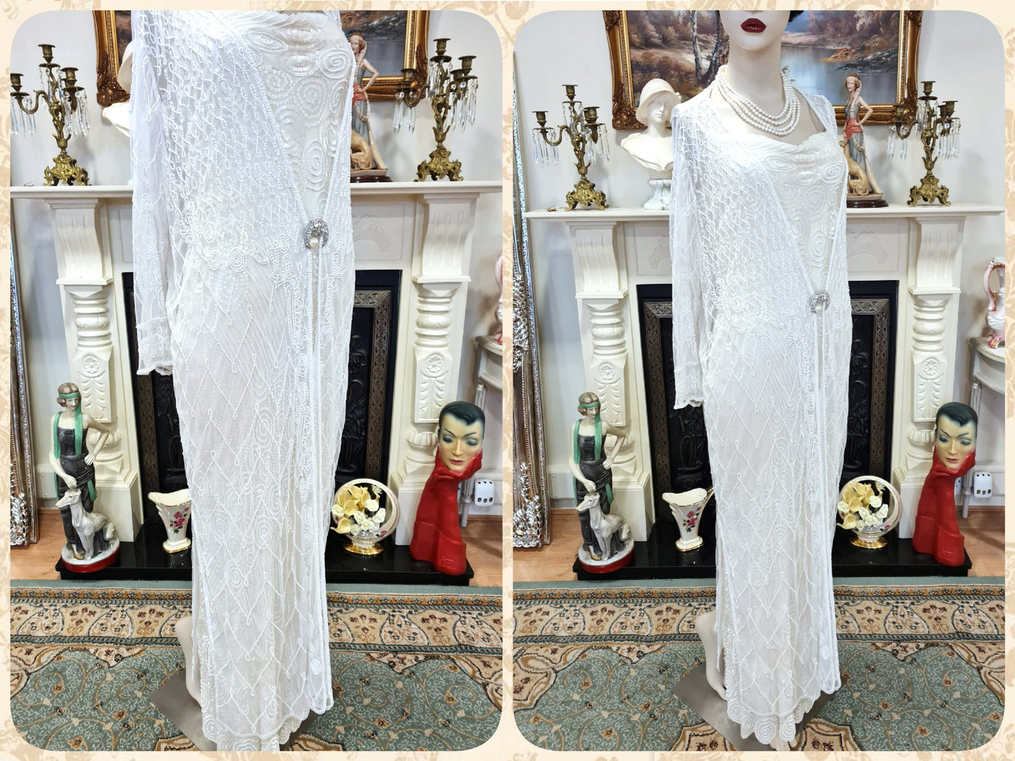 Art Deco vintage 1920s bride off-white wedding bridal dress beaded flapper 100% silk Great Gatsby charleston jazz size UK 8 10 US 4 6