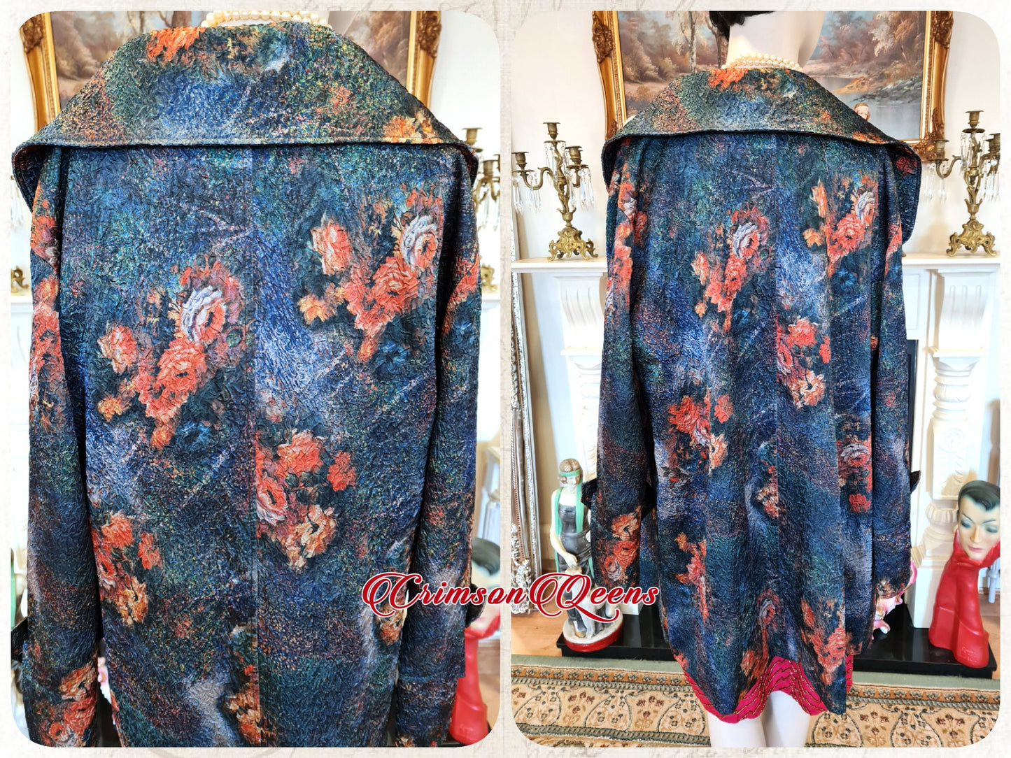 Autumn coat Art Deco bohemian coat flapper coat silk crinkled roamantic impressionist print long jacket 1920s size UK 10 12 US 6 8
