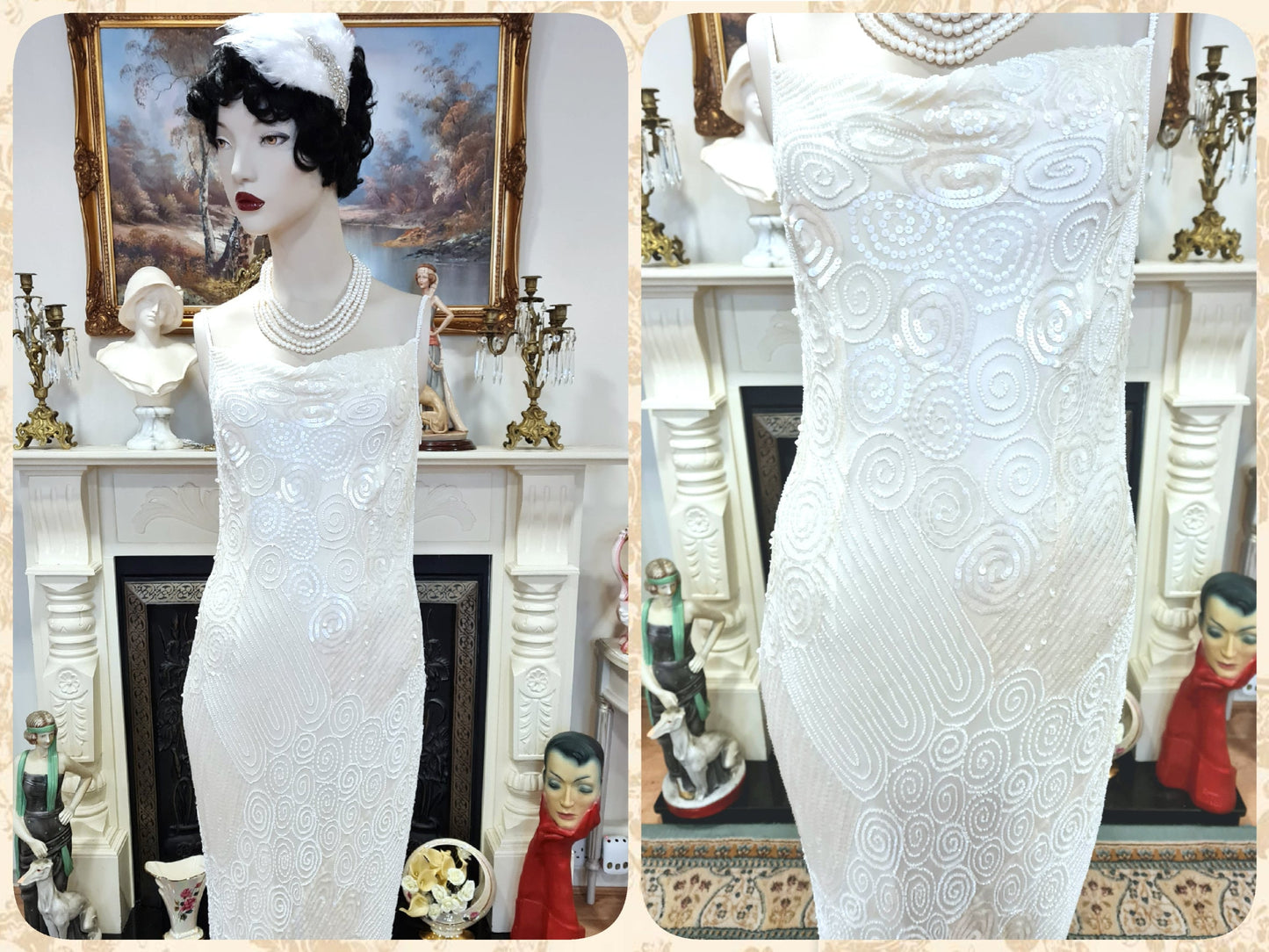 Art Deco vintage 1920s bride off-white wedding bridal dress beaded flapper 100% silk Great Gatsby charleston jazz size UK 8 10 US 4 6