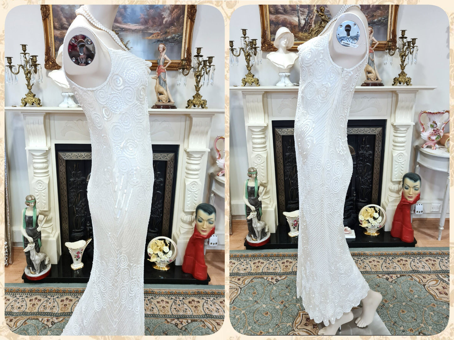 Art Deco vintage 1920s bride off-white wedding bridal dress beaded flapper 100% silk Great Gatsby charleston jazz size UK 8 10 US 4 6
