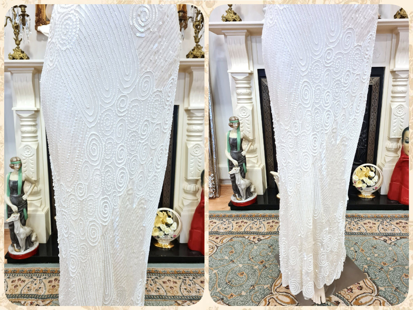 Art Deco vintage 1920s bride off-white wedding bridal dress beaded flapper 100% silk Great Gatsby charleston jazz size UK 8 10 US 4 6