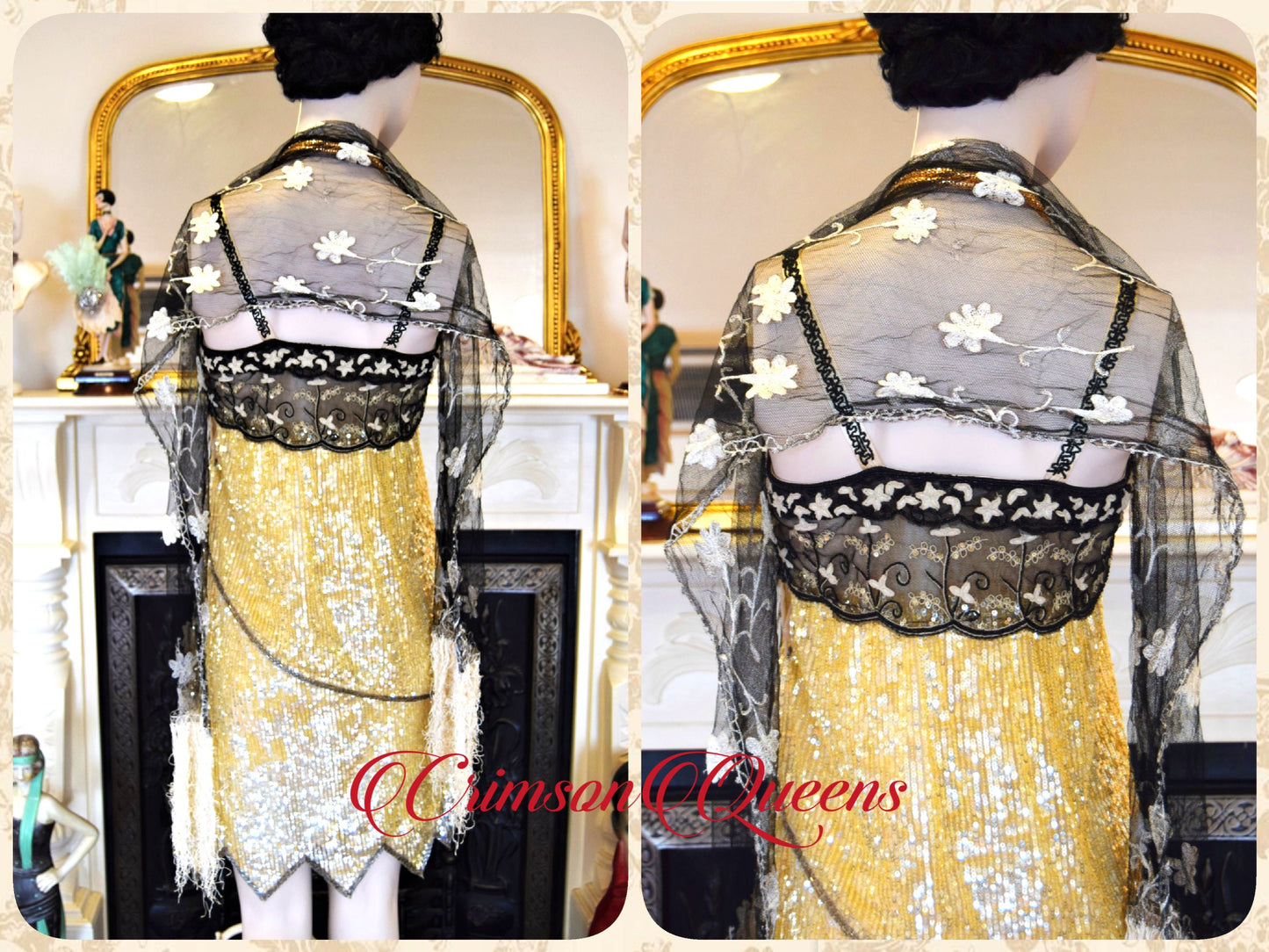 Vintage gold 1920s flapper sequined with antique lace Great Gastby stage dance romantic dress lace size UK 6 8 US 2 4