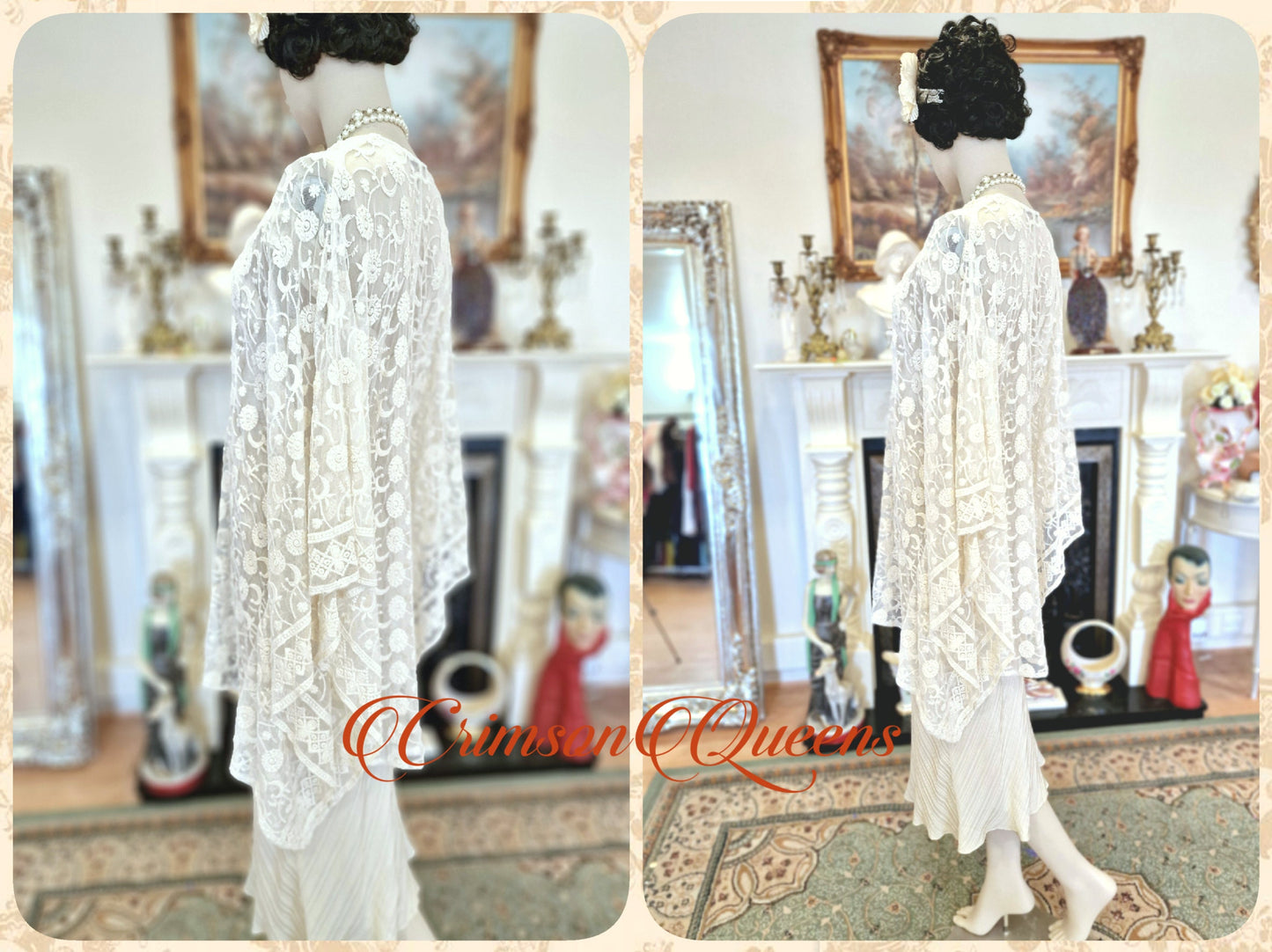 Vintage 1920s kaftan dress bohemian gypsy hippy boho wedding Art Deco bride bead cream oyster wedding kimono size UK 10 US 6