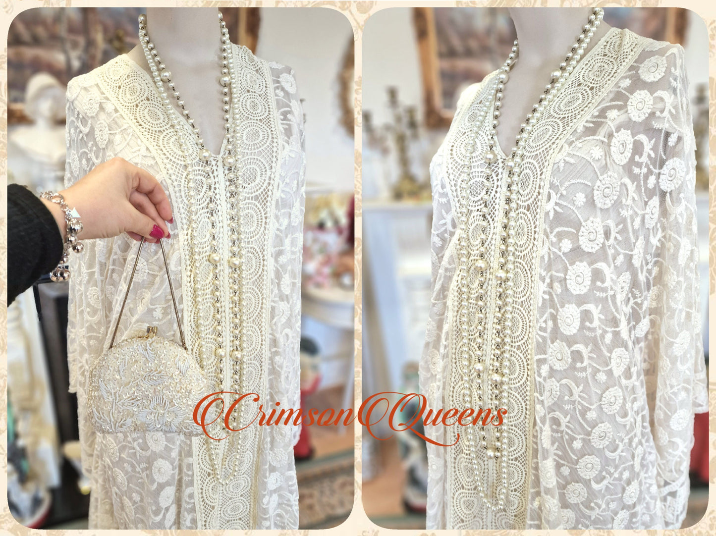 Vintage 1920s kaftan dress bohemian gypsy hippy boho wedding Art Deco bride bead cream oyster wedding kimono size UK 10 US 6
