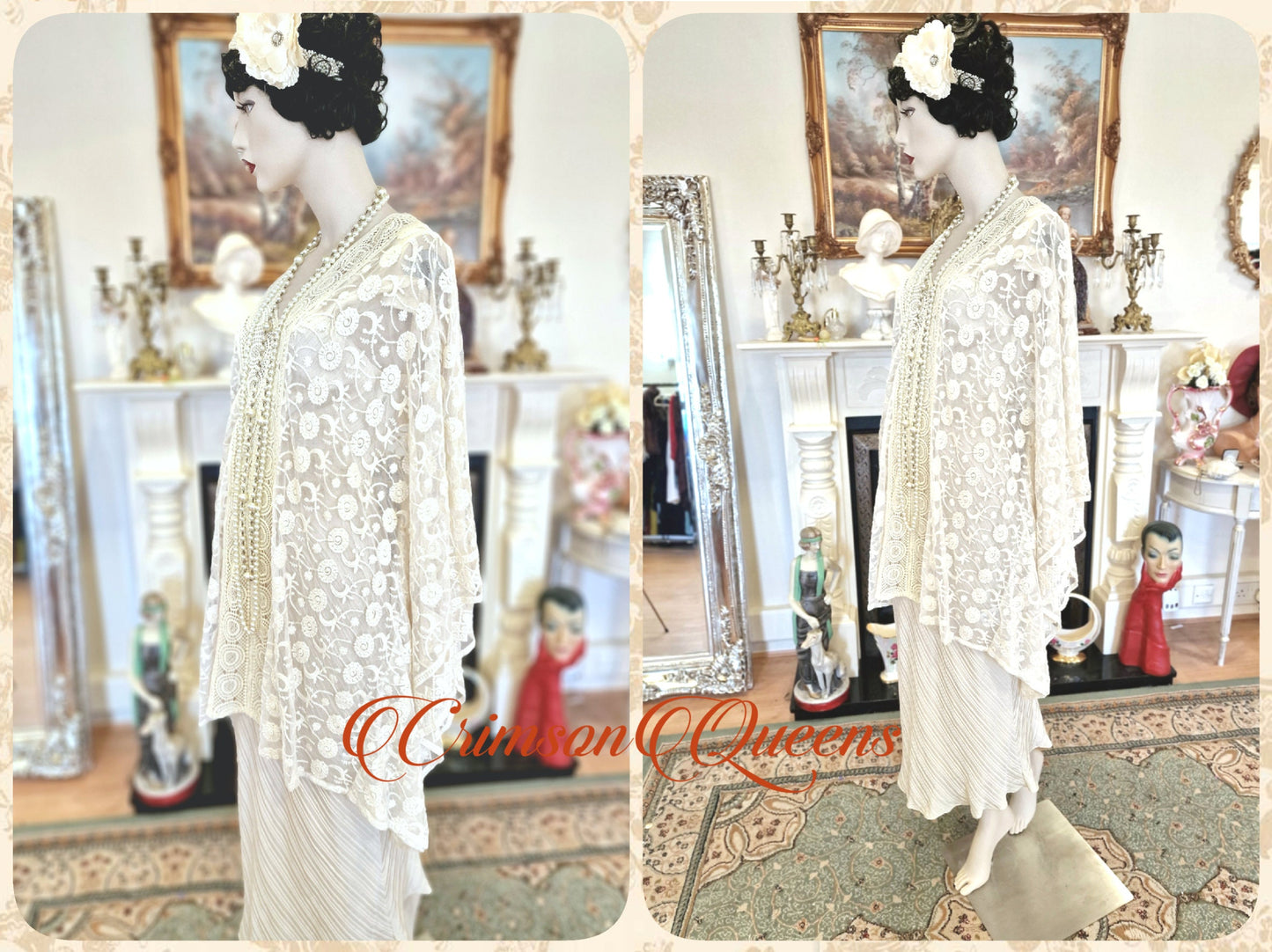Vintage 1920s kaftan dress bohemian gypsy hippy boho wedding Art Deco bride bead cream oyster wedding kimono size UK 10 US 6