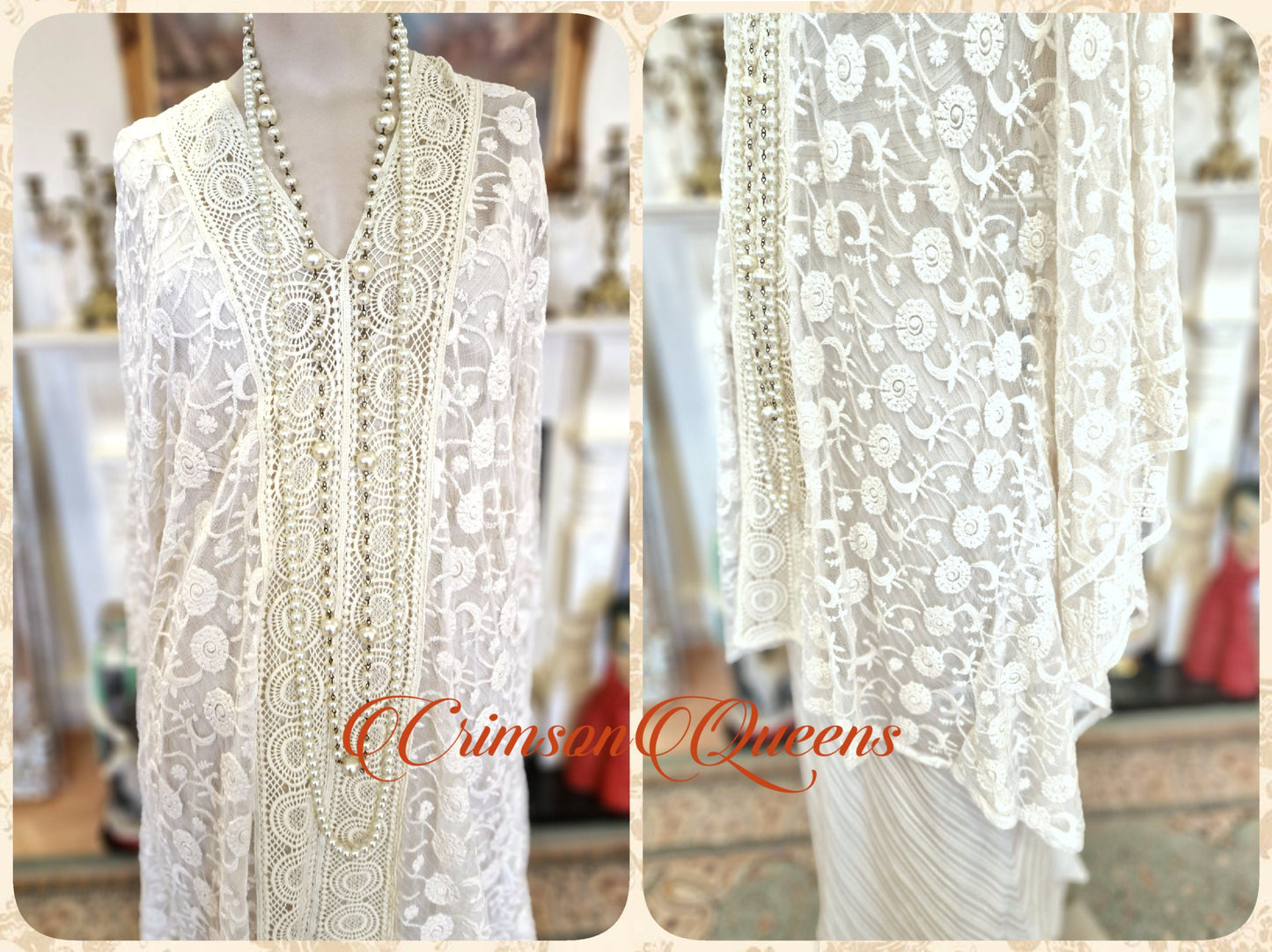 Vintage 1920s kaftan dress bohemian gypsy hippy boho wedding Art Deco bride bead cream oyster wedding kimono size UK 10 US 6