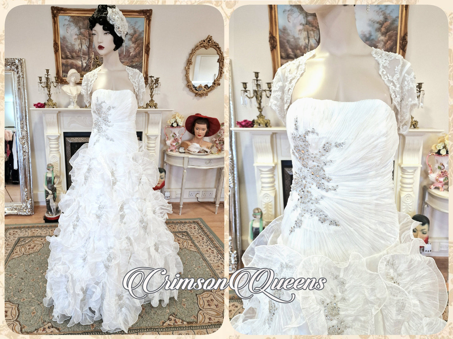 Vintage luxurious Art Deco edding Dress complete ensemble Embellished floral blossoming layer silk organza Ivory Size UK 10 US 6