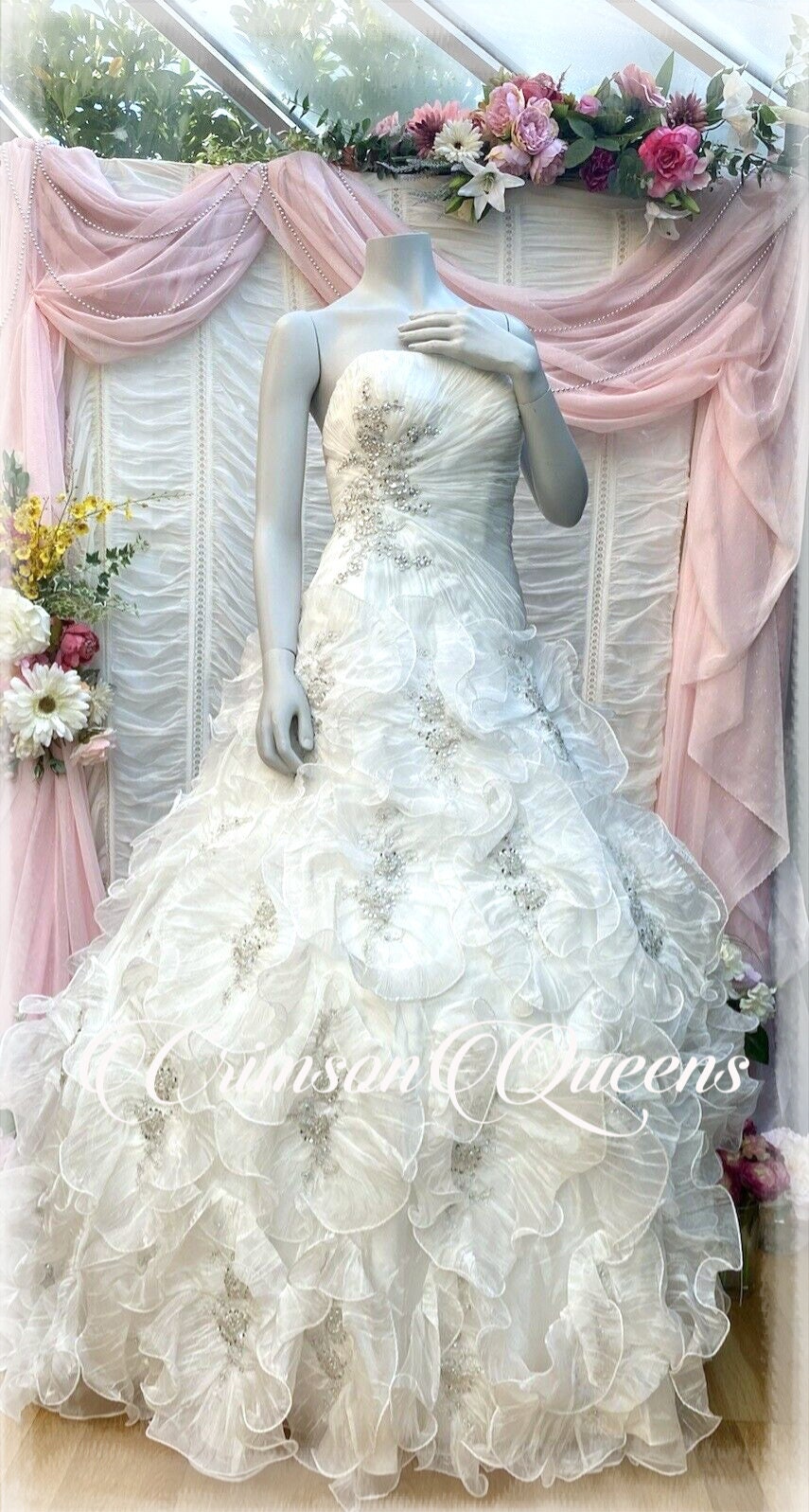 Vintage luxurious Art Deco edding Dress complete ensemble Embellished floral blossoming layer silk organza Ivory Size UK 10 US 6