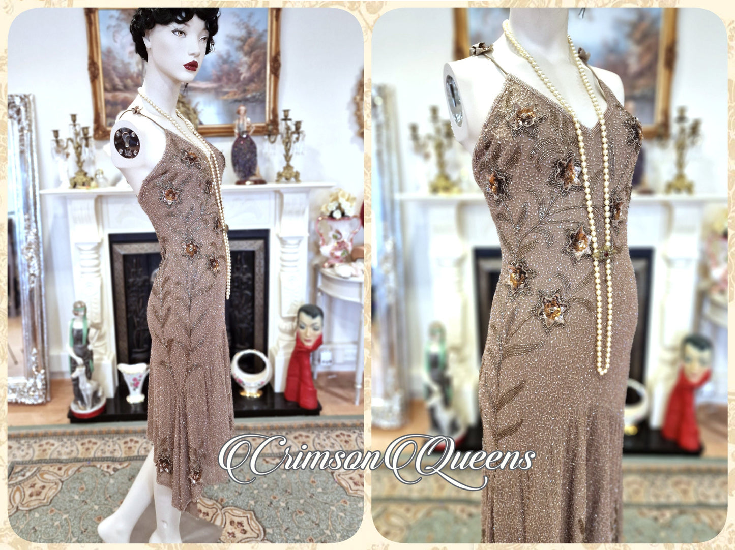 Vintage silk Great Gatsby gold toffee shell of glass beads extrordinary flapper dress ensemble 1920s beaded embellished dress UK 8 US 4