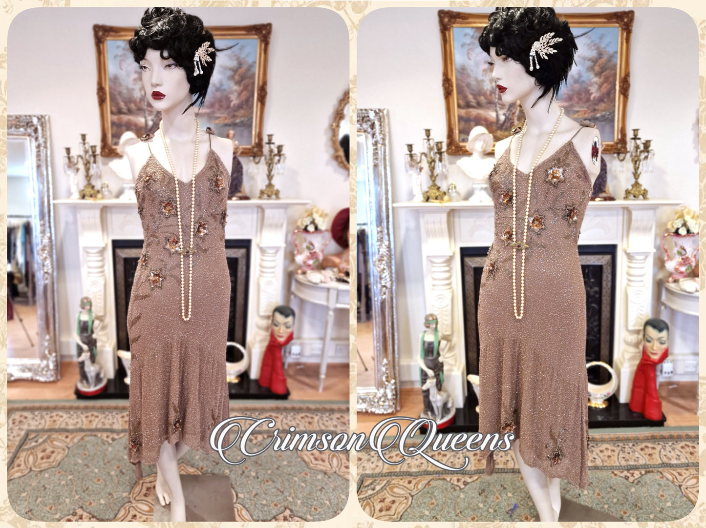 Vintage silk Great Gatsby gold toffee shell of glass beads extrordinary flapper dress ensemble 1920s beaded embellished dress UK 8 US 4