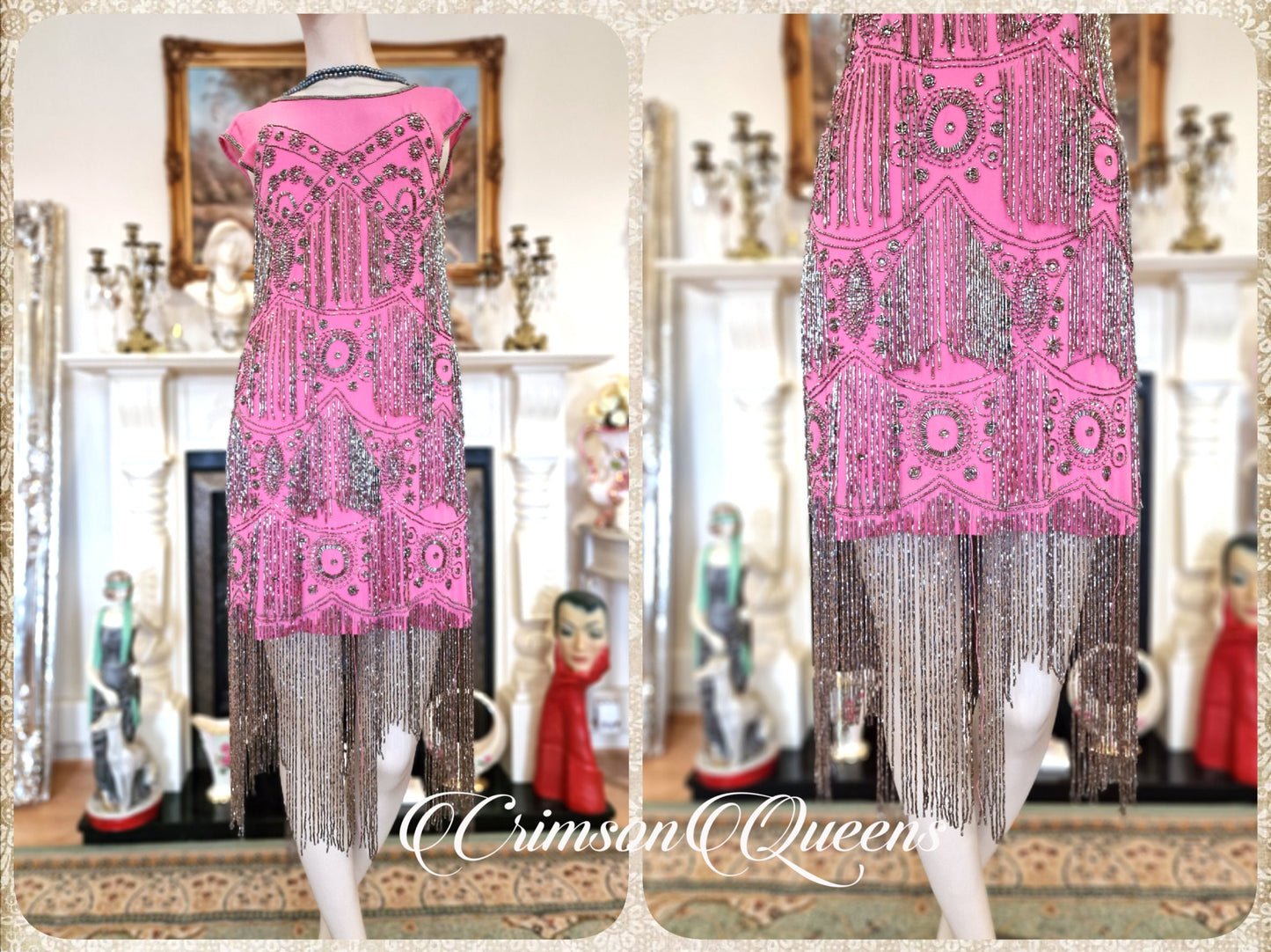 Vintage Great Gatsby hot pink beaded proper flapper style dress sequined 1920s beaded embellished dress UK 10 US 6