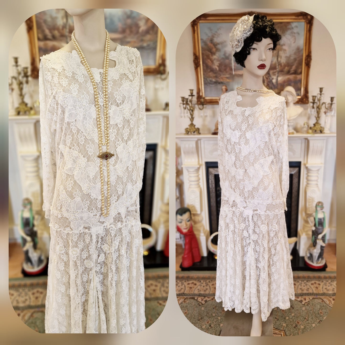 1920s wedding dress 1930s wedding dress All Lace Mesh flapper bride Vintage White Wedding Gown Great Gatsby size UK 8 10 US 4 6